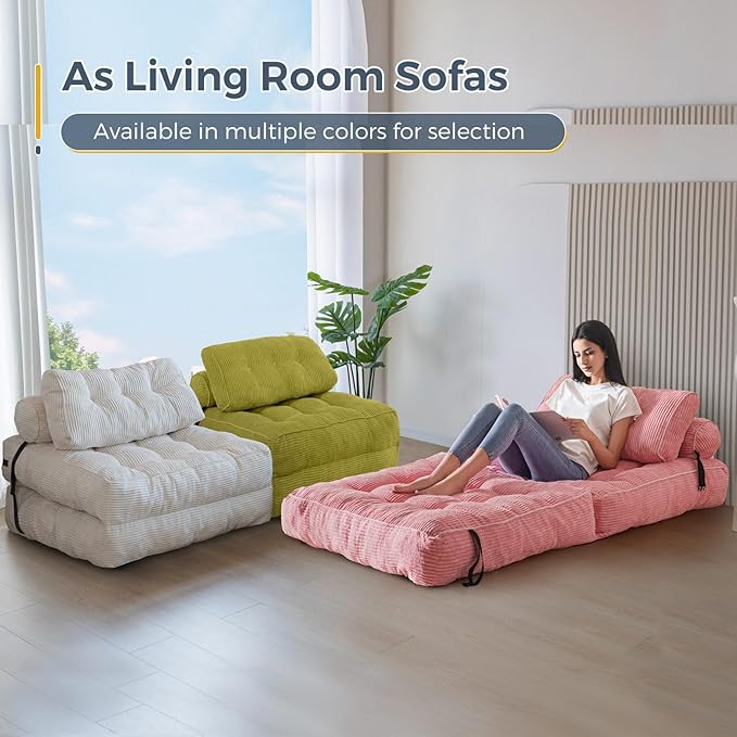 MAXYOYO Folding Sofa Bed, Convertible Sleeper Chair with Pillow Foldable Mattress with Back Support, Portable Fold Out Chair Bed Comfy Floor Sofa Lounge for Living Room Bedroom, Pink, Single
