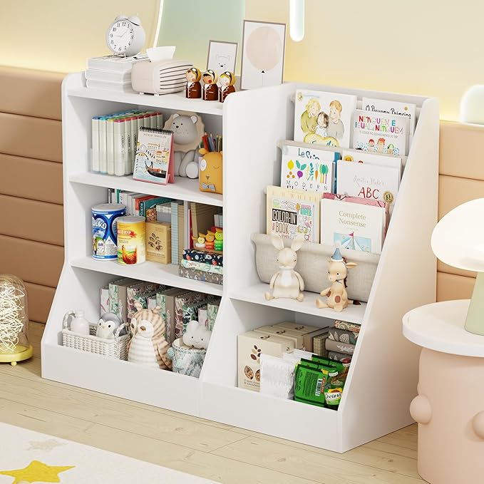 39" Large Kids Wooden Bookshelf and Toy Storage Organizer, Baby Bookcase with Sling Book Rack, Children Toddler Wooden Book Shelf for Kids Rooms, Playroom, Classroom, Nursery, School (White)