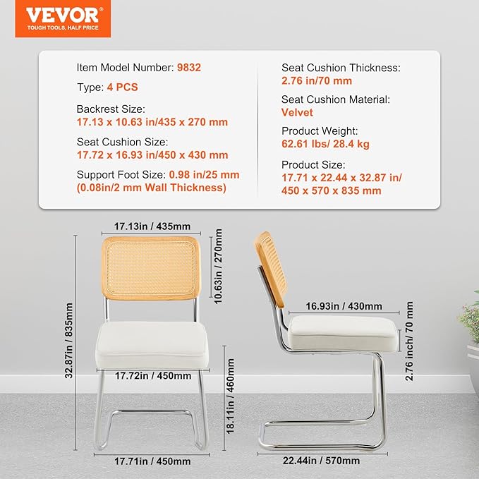 VEVOR Rattan Dining Chairs Set of 4, Mid Century Modern Dining Chair, Upholstered Velvet Accent Chair with Rattan Back, Retro Dining Room Kitchen Chair for Living Room, Bedroom(18.1 Inch)