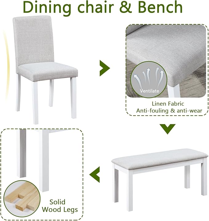 KEIKI 6-Piece Standard Height Dining Table Set with Rectangular Table, 4 Upholstered Chair, Bench, for 6 Person, Modern Crystal Decoration Table Set, Easy Assembly, for Kitchen, Dining Room, White