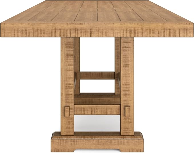 Signature Design by Ashley Havonplane Rustic Distressed Counter Height Dining Extension Table with Removable Center Leaf and Double Trestle Base, Light Brown