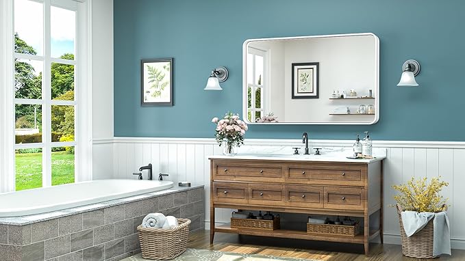 TokeShimi 40 x 24 Inch Wall Mirror for Bathroom White Metal Frame Decorative Rectangular Wall Mounted Home Decor Corner Hangs Farmhouse Mirror (Horizontal/Vertical)