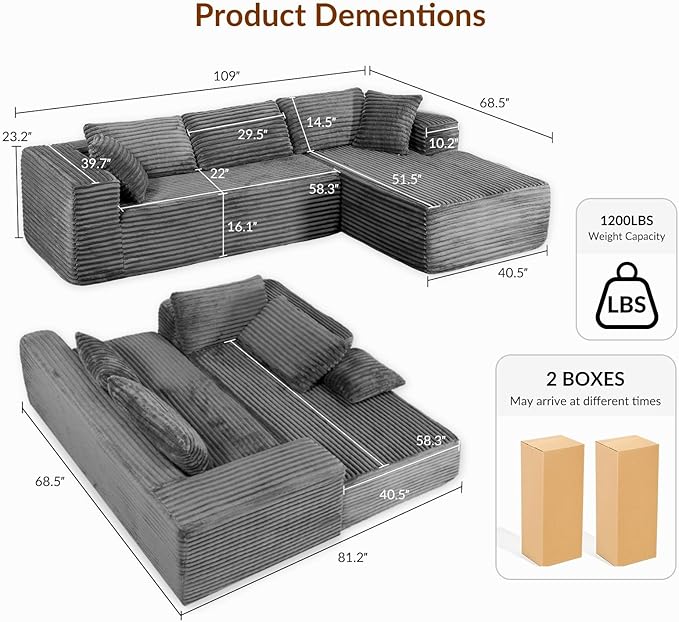 COMHOMA 105”Modular Sectional Sofa with Deep Seat,Cloud Upholstered L-Shape Couch Wide Arms Corduroy Fabric High-Density Foam Chaise Lounge for Living Room No Assembly Required