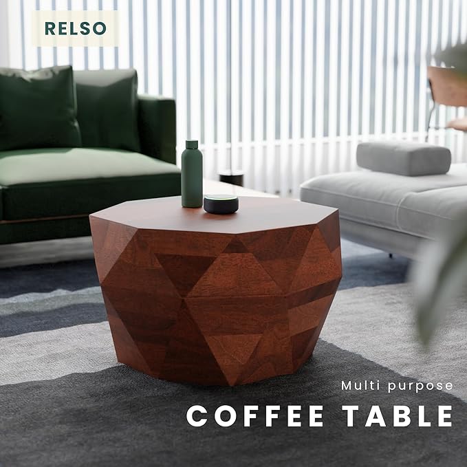 Octavian Coffee Table - Solid Wood Round Drum Center Table for Living Room with Geometric Faceted Design | Walnut Finish Accent Table, Modern Decor, Farmhouse Table | No Assembly Required (18 inch H)