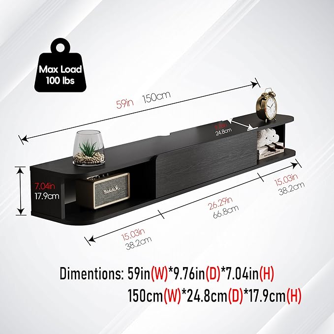 Pmnianhua Floating TV Stand with Drawer,59'' Wall-Mounted TV Cabinet,Floating TV Console,Under TV Entertainment Shelf with Storage for Bedroom Living Room(Black)