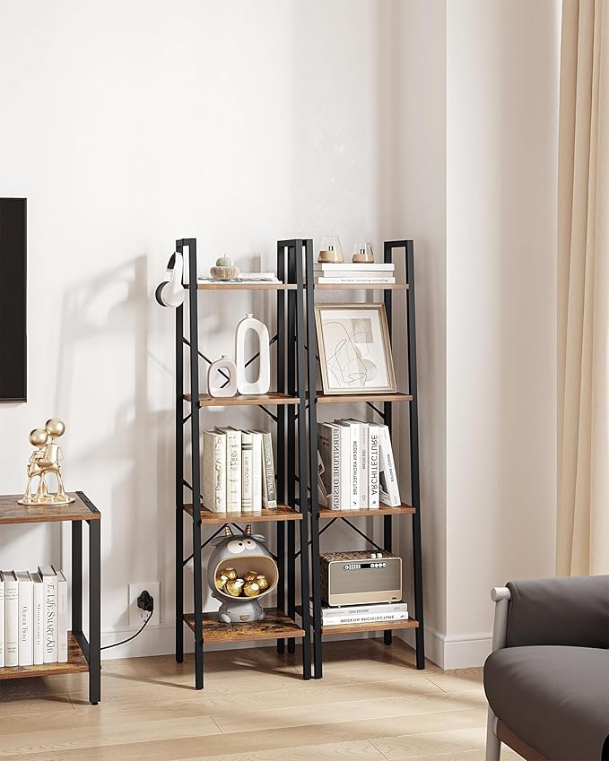 Ladder Shelf, Bookshelf Bookcase, Freestanding Corner Storage Shelve with 2 Hooks for Home Office, Living Room, Kitchen, Bedroom, Industrial, 4-Tier Rustic Brown BC13201B