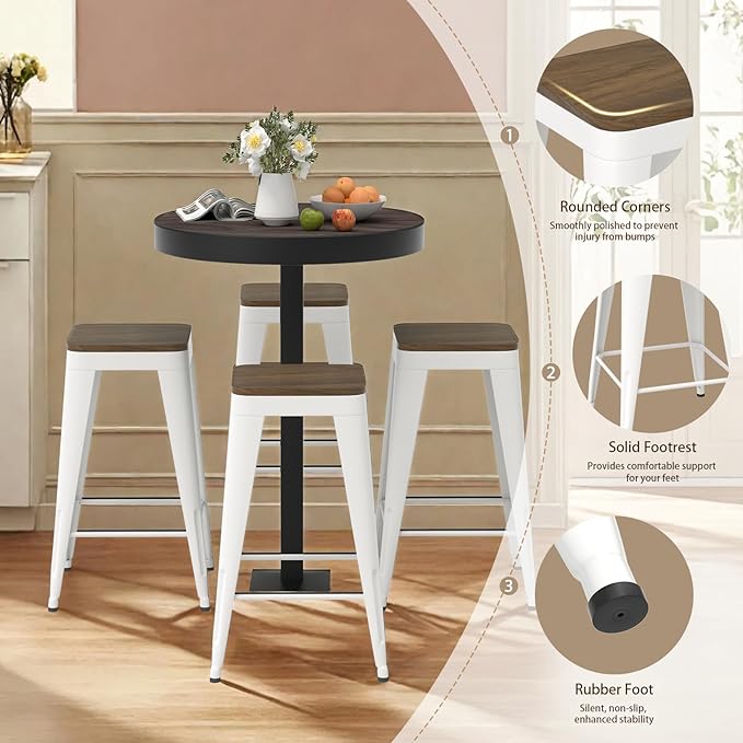 30 inch Backless Bar Stools Set of 4, Indoor Metal Bar Stools with Wood Seat, Industrial Counter Height Barstools for Kitchen Island, White