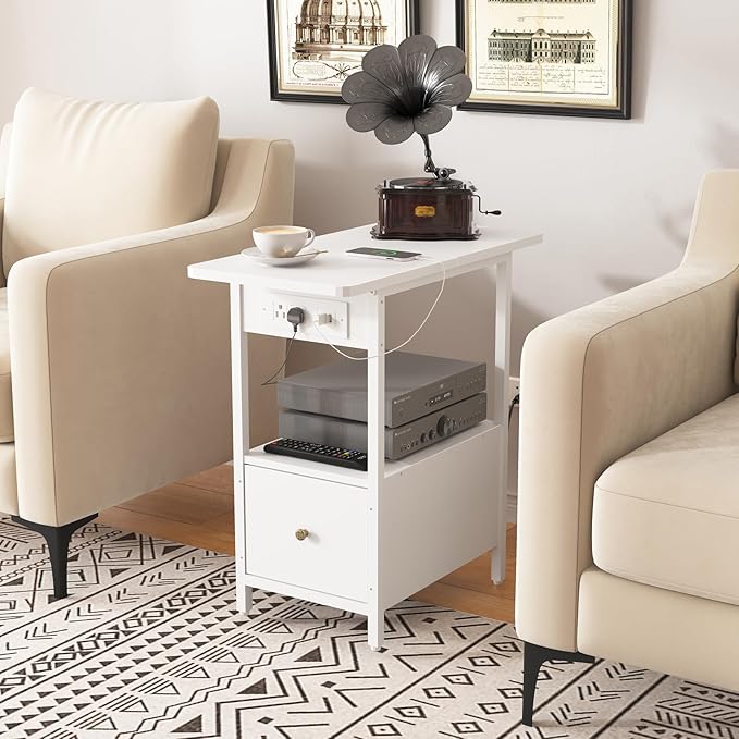 LIDYUK End Table with Charging Station, Narrow Side Table with Drawer and USB Ports & Power Outlets, Nightstand Bedside Tables for Small Spaces, Bedroom, Living Room, White
