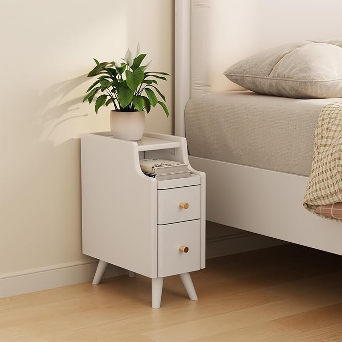 Small Nightstand with Drawers, Solid Wood Bedside Table, Narrow White Nightstand for Bedroom