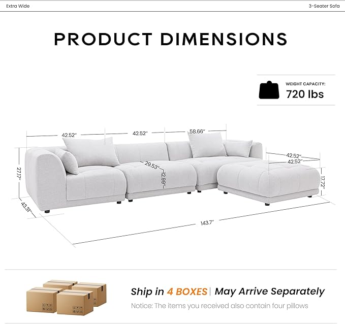COLAMY 144" Modular Sectional Chenille Couch with Ottoman, Cloud Sectional Sofa Set with Ottoman,for Living Room(Beige)