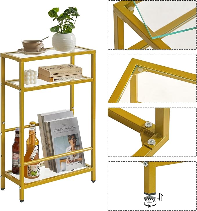 IBUYKE Glass End Table for Small Space, Narrow Side Tables with Storage Shelf, Bedside Table Slim Nightstand with Magazine Holder, for Living Room Home Office, Clear Gold UTMZ002G