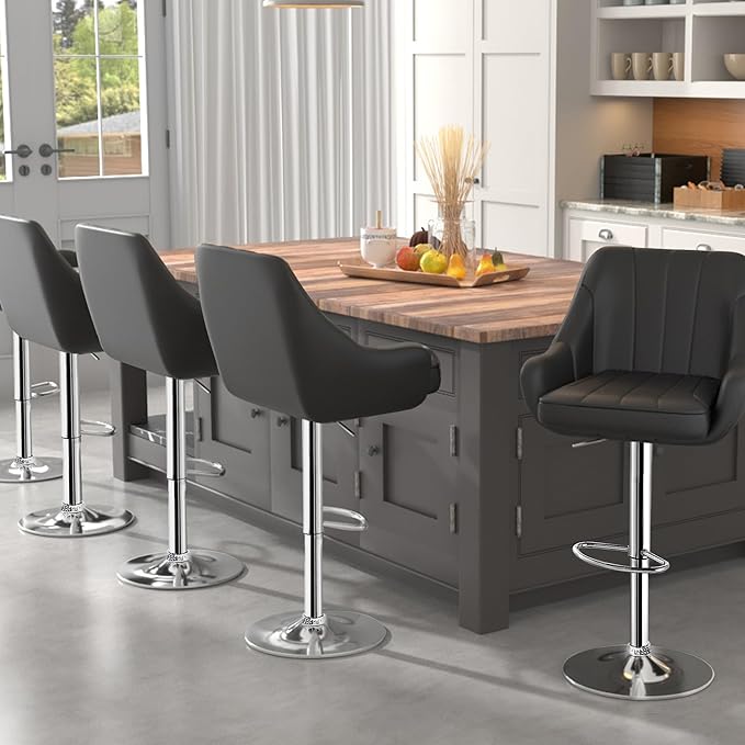 VECELO Barstools Set of 4, Counter Height Bar Stools Adjustable Stools with Back and Arm, Kitchen Island Stools Swivel Bar Chairs for Pub Dinning Room, Black