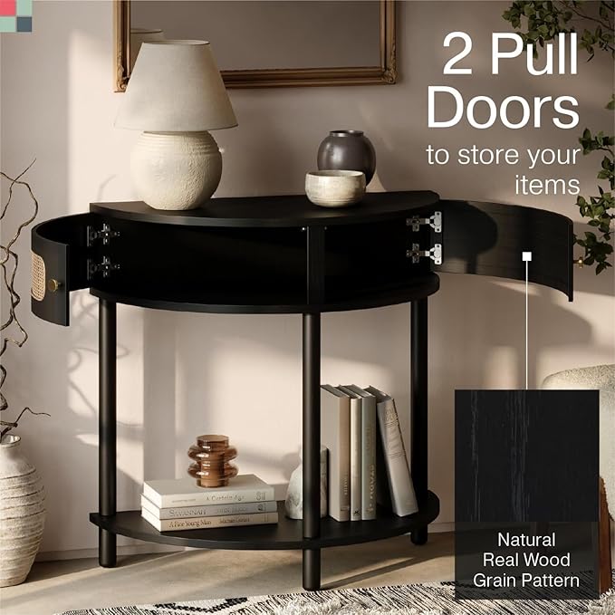 Entryway Table Rattan Half-Moon Console - Semicircular Black Oak & Natural Cane with Brass Knobs - Console Table with Storage & Narrow Curved Design for Entryway & Living Room Decor