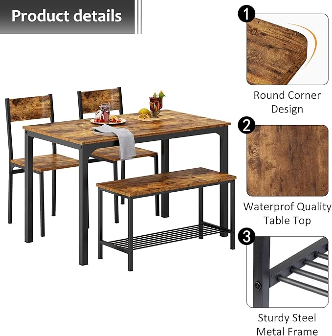 sogesfurniture 4-Piece Dining Table Set with 1 Bench and 2 Chairs, Kitchen Bench Table Set for 4, Wooden Kitchen Table and Chairs for Limited Space,Rustic Brown