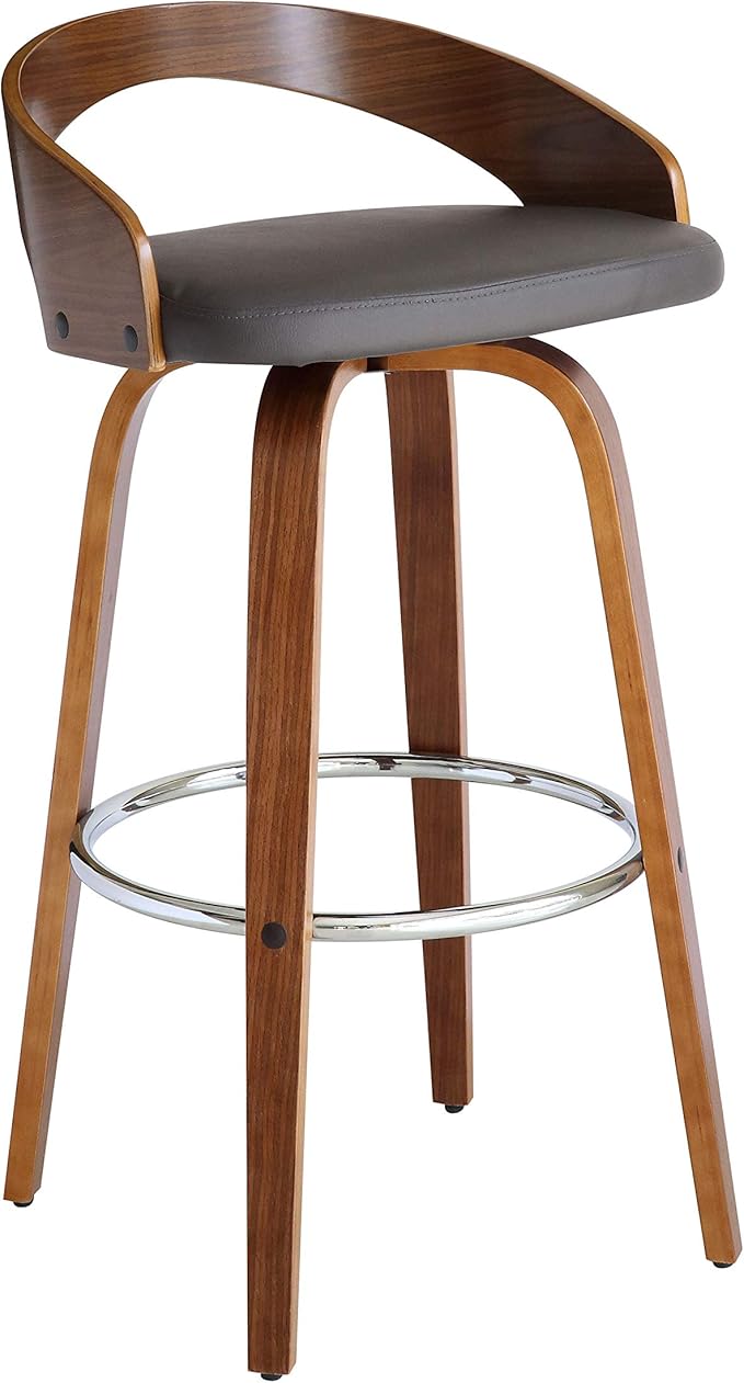 Armen Living Sonia 30" Bar Height Swivel Gray Faux Leather and Walnut Wood Bar Stool - Set of 2