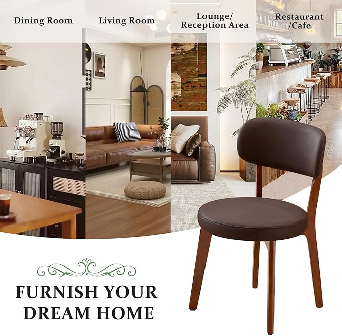 Furniliving Wooden Dining Chairs Set of 6, Mid-Century Modern Leather Upholstered Kitchen Chair with Solid Oak Wood, Farmhouse Dining Room Chairs, Brown