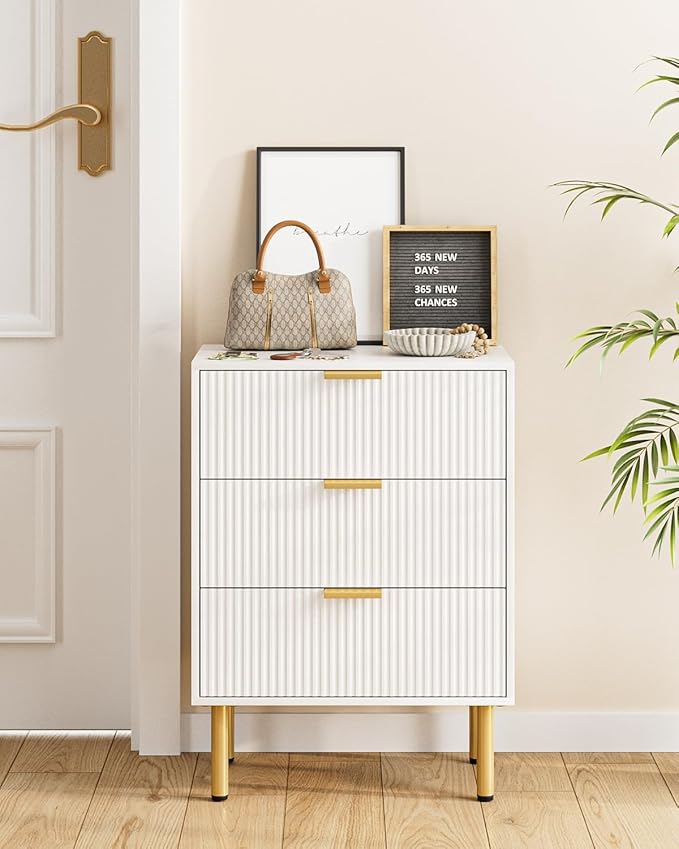 Night Stand,Tall Bedside Table with 3Storage Drawers,White Nightstand,Bedside Furniture,Side Table with Gold Frame,End Table for Bedroom,Living Room (Modern-3drawers, White)