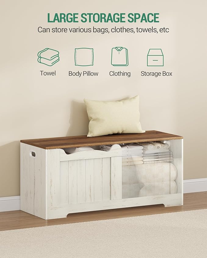 43.3" Storage Chest, Extra Large Storage Bench Trunk with 2 Safety Hinges, Wooden Box, Lift-Top Chest Organizer, Shoe Bench for Entryway, Bedroom, Living Room, White and Brown SB25514X