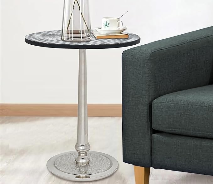 CLEENTABLE Mosaic Coffee Table Stylish Round End Table for Sofa, Living Room, or Bedroom - Elegant Modern Accent Table Decorative Small Side Table with Sturdy Design (Black & Silver)