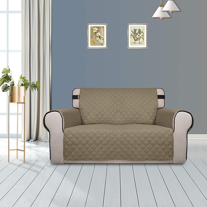 PureFit Reversible Sofa Cover Water Resistant Loveseat Couch Cover, Machine Washable Furniture Cover with Non-Slip Foam and Adjustable Strap for Dogs, Pets (Loveseat, Beige/Ivory)