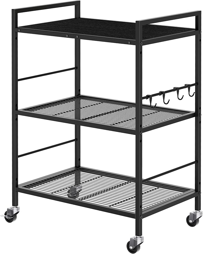 3-Tier Metal Storage Rack with Industrial Wheels,Mesh Shelving Unit with Wooden Table top,Adjustable Shelf,23.6-Inch Width,15.8-Inch Depth, for Kitchen, Laundry,Pantry,Plant,Black panel