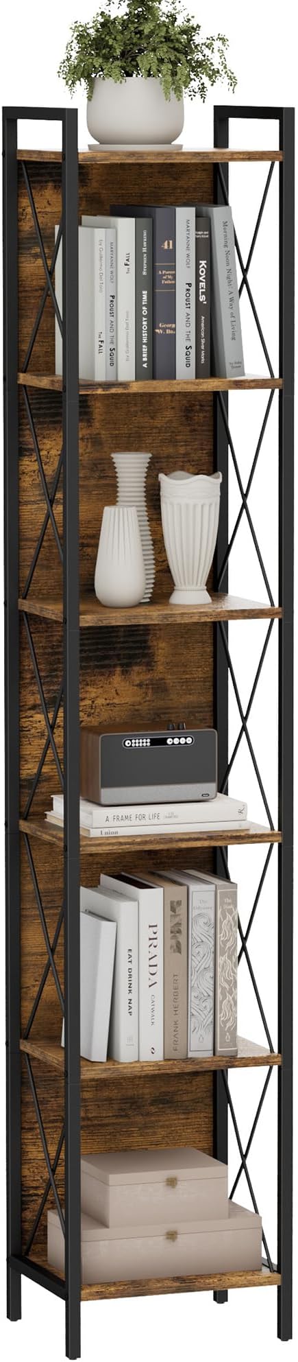 Homhedy 6 Tier Bookshelf Bookcase, Tall Narrow Bookshelf for Small Space, Metal Storage Shelves with Back Panel, for Home Office, Living Room, Kitchen, Bedroom, Industrial Style, Rustic Brown