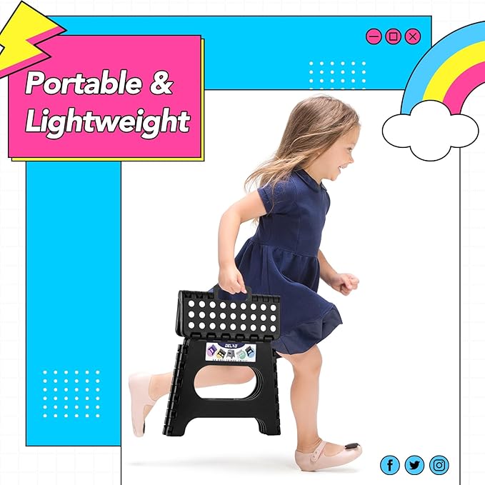 Delxo Folding Step Stool,11 Inch Non-Slip Foldable Step Stools,Portable Foldable Step Stool Lightweight Small Folding Stool with Handle for Kitchen Bathroom in Black,1 Pack