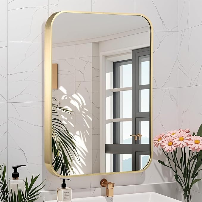 48x30 Inch Gold Bathroom Mirror, Brushed Gold Metal Framed Rectangular Mirror with Rounded Corner, Bathroom Vanity Mirror for Bedroom or Living Room, Horizontal/Vertical