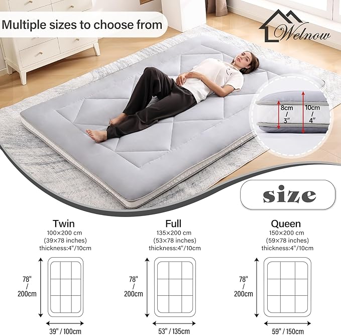 Welnow Japanese Futon Floor Mattress, Thick Twin Size Tatami Mat Portable & Foldable Roll Up Floor Bed Mattress with Storage Bag, Sleeping Pad for Adults, Dorm, Guest Bed, Camping and Travel, Grey