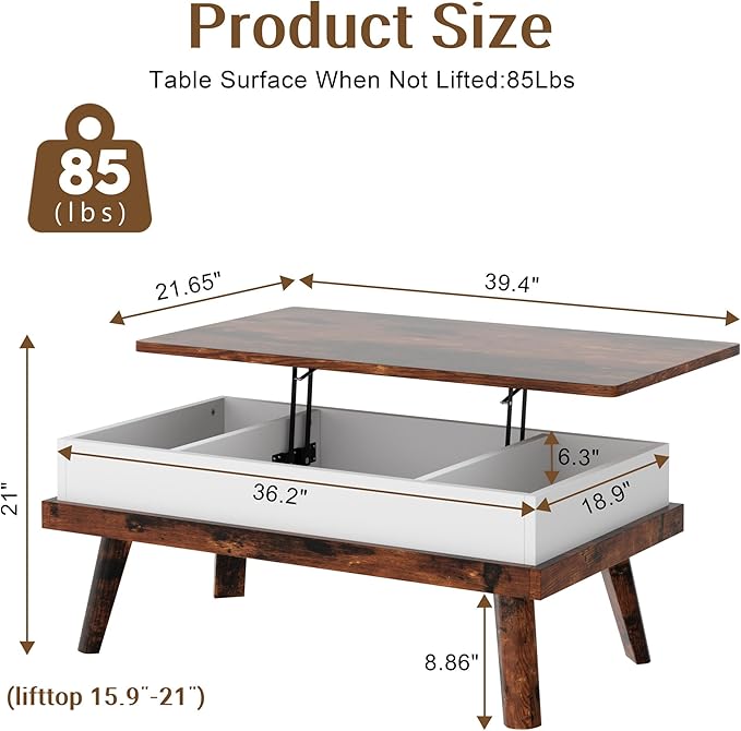 Shintenchi Coffee Table, Lift Top Coffee Table with Hidden Compartment, Rising Tabletop Dining Table, Lift Top Coffee Center Table for for Living Room, Office, Home (Rustic Brown)