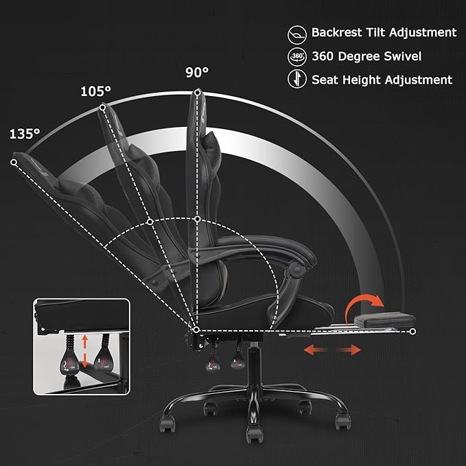Gaming Chair with Linkage Armrest & Footrest, High Back Video Gaming Chair, Black