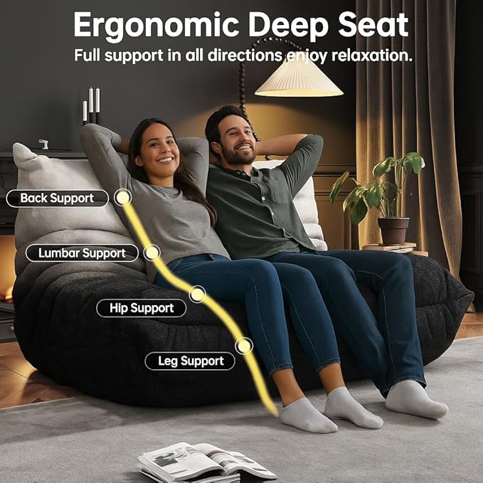 Bean Bag Chairs for Adults, Memory Foam Couch Loveseat Sofa Chair, Soft Teddy Material Cozy Comfy Reading Nook Chairs, Floor Chair for Living Room Bedroom Office(Black-White)