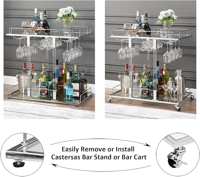 Silver Bar Cart for Home Bar Chrome Serving Cart with Wine Rack 2-Tier Acrylic Rolling Bar Carts on Wheels Clear Dessert Cart Lucite Bar Stand Glass Liquor Cart for Living Room Kitchen Club