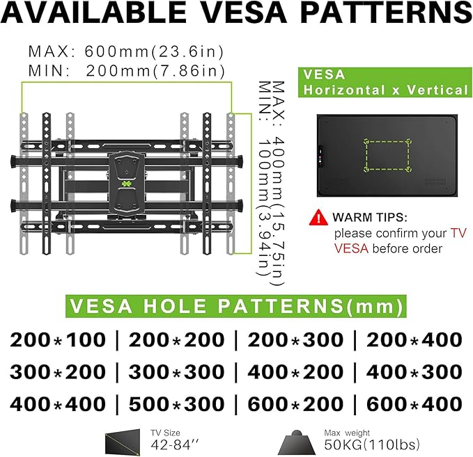 USX MOUNT UL Listed TV Wall Mount for 42"-84" TVs up to 110lbs and 8"-24" Wood Studs, TV Mount with Tilt, Swivel & Extension, Wall Mounts Bracket with Dual Articulating Arms, Max VESA 600x400mm