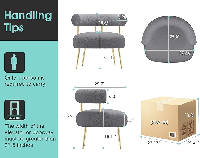 Mid Century Sherpa Boucle Accent Chair, Round Upholstered Barrel Arm Chair for Small Spaces, Fluffy Side Corner Sofa Chair for Living Room, Bedroom, Vanity, Office, Reading Nook(Grey)