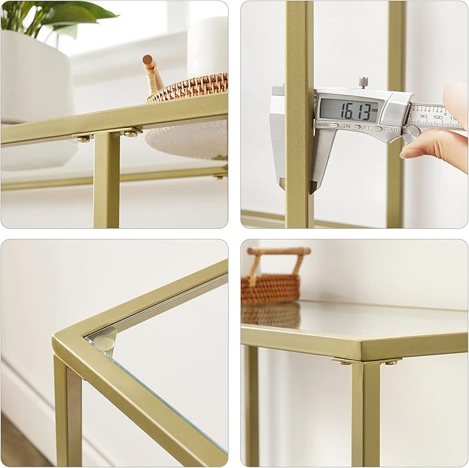 VASAGLE 51.2 Inch Console Table with 3 Shelves, Sofa Tables, Modern Entryway Table, Metal Frame, Tempered Glass Shelf, Entryway Living Room Bedroom, Metallic Gold and Transparent ULGT024A01