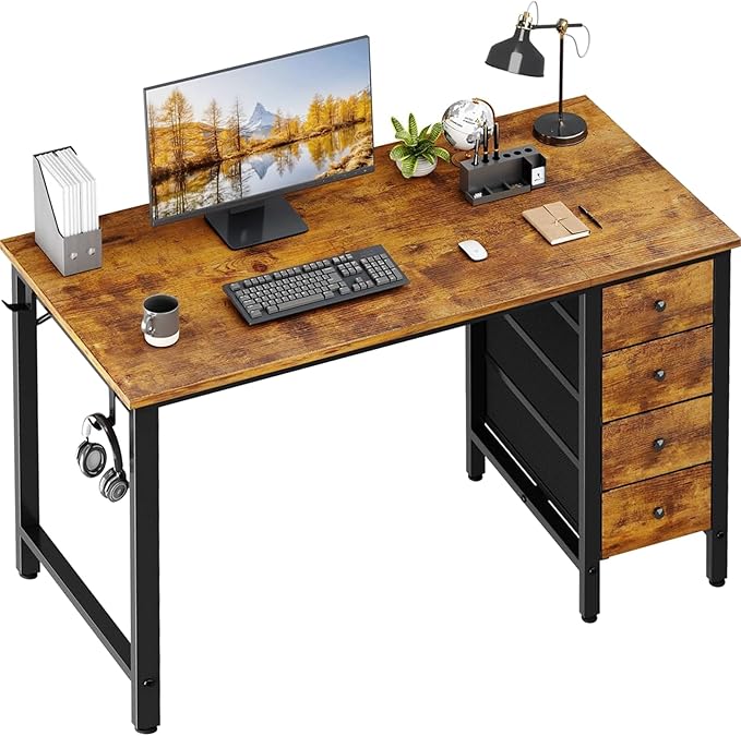 Lufeiya 47 inch Computer Desk with 4 Fabric Drawers, Reversible Writing Work Study Desk for Home Office Bedroom, Modern Simple Student PC Desks, Rustic Brown
