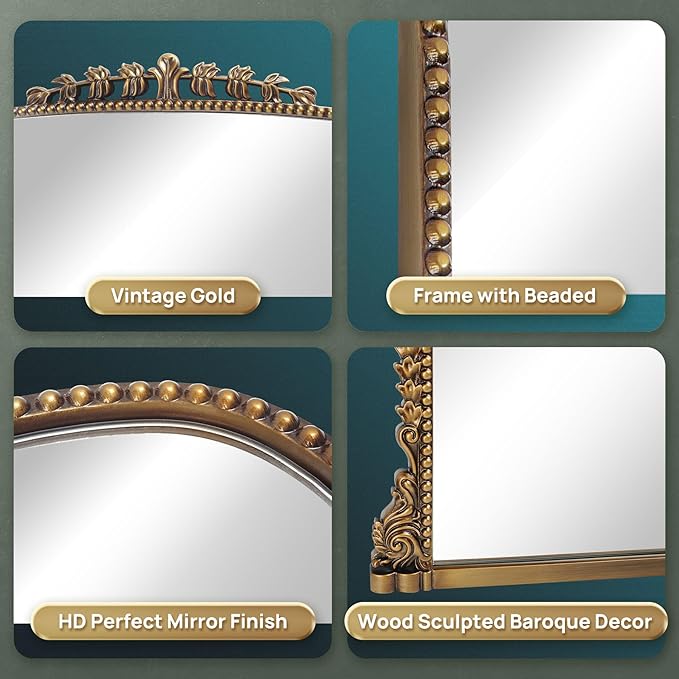 36"x23" Vintage Baroque Arched Wall Mirror, Ornate Antique Brass Wood Frame Decorative Mirror, Large Victorian Style Bathroom Mirror for Living Room, Fireplace, Entryway & Hallway