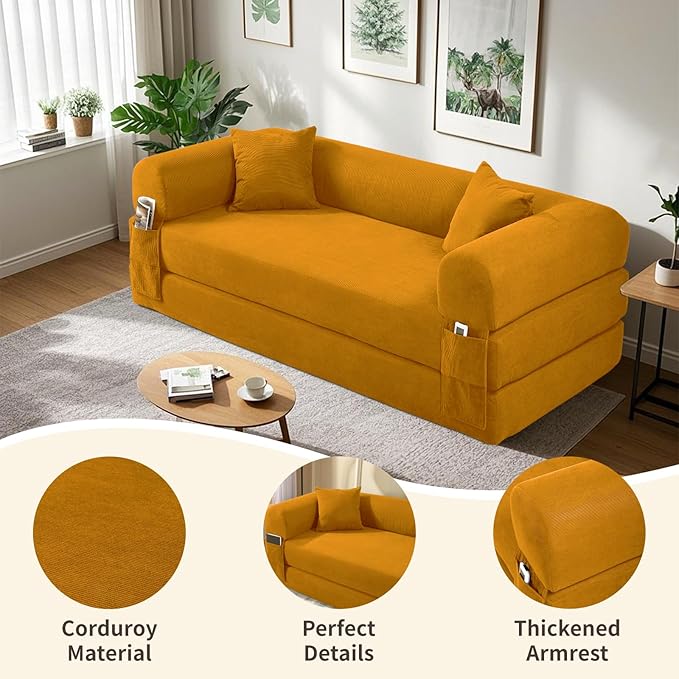 80" Convertible Sofa Bed, Corduroy Deep Seat Folding Pull Out Couch with Pillows, No Assembly Modern Boneless Couch Compression Sofa in Box, Floor Sofa with Storage Pocket for Living Room,Yellow