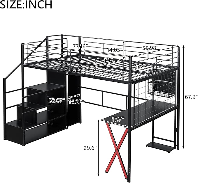 Merax Full Size Metal Loft Bed with Built-in Work Station, Wardrobe, Storage Staircase and LED, Gaming Bed for Kids Teens Adults, Full-Length Guardrails, No Box Spring Needed, Black