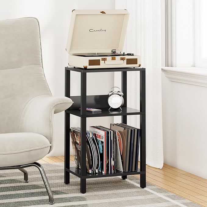 TUTOTAK Record Player Stand with Storage Up to 100 Albums,Record Storage Table,3 Tier End Table,Side Table for Living Room, Bedroom, Black TB01BK075