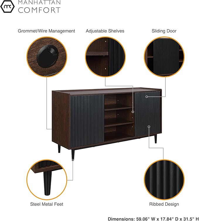 Manhattan Comfort Duane 59-Inch Ribbed Mid Century Modern Sideboard, Versatile Dining & Living Room Buffet Table with 3 Adjustable Center Shelves & 2 Side Cabinets, Set of 3, Black