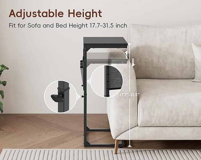 Vagusicc C-Shaped End Table Set of 2 with Charging Station, Small Side Table for Couch, Adjustable Height Couch Side Table, Slide Under Sofa Table TV Tray Tables for Living Room,Bedroom,Bedside, Black