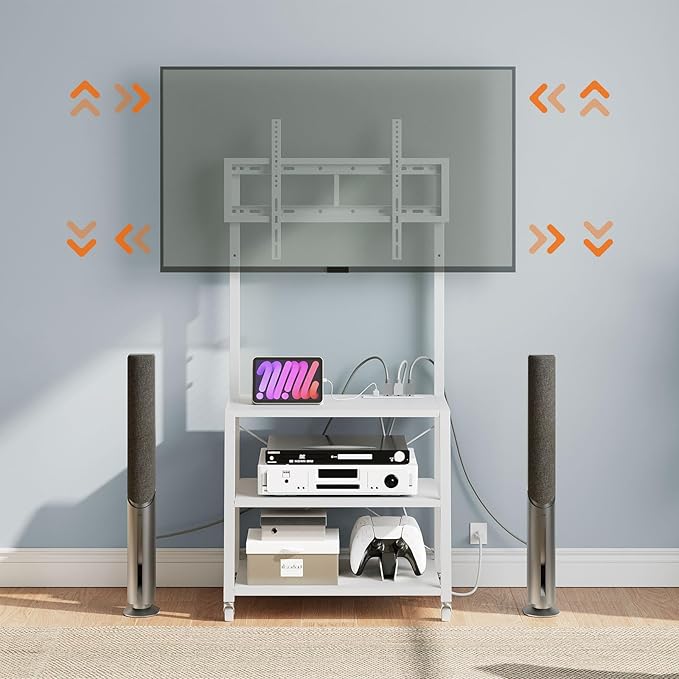 HOOBRO Rolling TV Stand with Mount and Power Outlet Up to 55 inch TV, Corner Entertainment Center, Small TV Stand with 3-Tier Storage Shelves for Living Room, Bedroom, White WW66UDS01