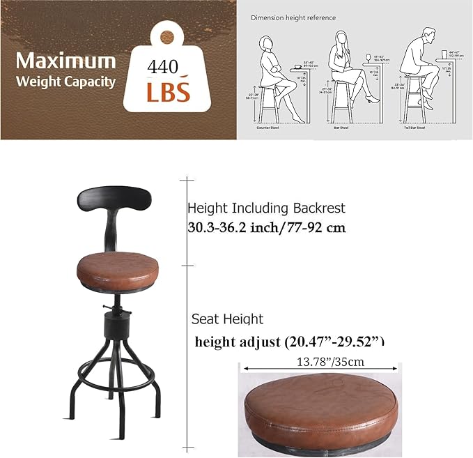 Diwhy Industrial Vintage Bar Stool, Kitchen Counter Height Adjustable Pipe Chair, Cast Iron Stool, Swivel Bar Stool with Backrest, Silver, Fully Welded Set of 2 Brown Upholstered