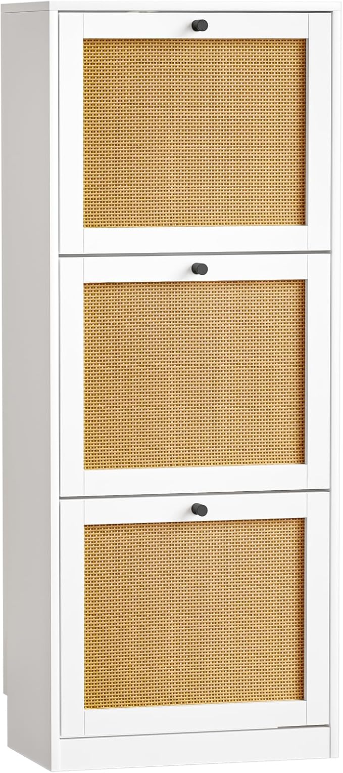 Rattan Shoe Cabinet with 3 Flip Drawers,Narrow Shoe Rack Cabinet with Adjustable Shelves,3 Tier Shoe Storage Organizer for Hallway,Entrance,White