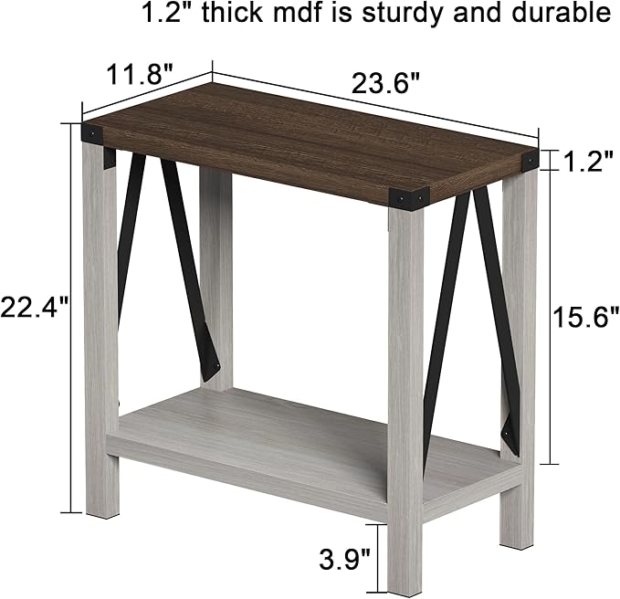 ChooChoo Farmhouse End Table Set of 2, Narrow Side End Table with Storage Shelf, Rustic A-Design Nightstand Sofa Table for Living Room, Bedroom(White&Brown)