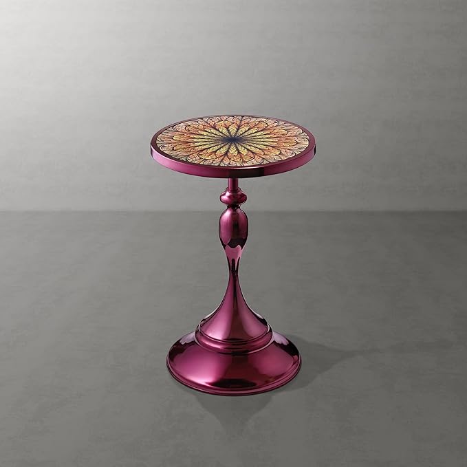 HOMES: Inside + Out Halric Modern 24" Tall Round End Table with Decorated Tabletop and Iron Metal Base, Accent Furniture, Elegant Pedestal Stand for Living Room, Home Office, Chrome Purple