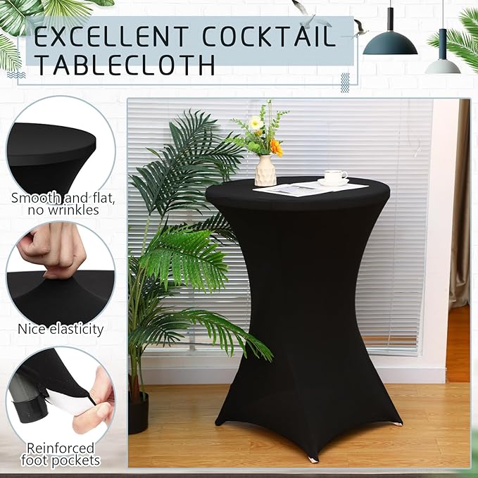 Wenqik 2 Sets 32" High Top Round Folding Cocktail Tables White Bar Height with Removable Legs & 32"x43" Spandex Stretch Table Covers (Black)