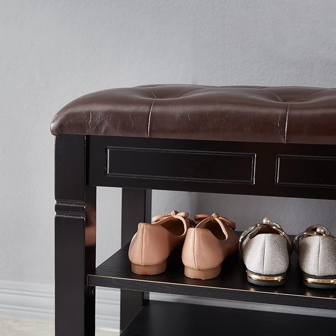 Shoe Storage Bench, Entryway Shoe Rack with Fiberleather Seat 2-Tier Lift Top Organizer Wooden Shoe Bench for Entryway Hallway Living Room (Black 31.5x13.8x18.9'')